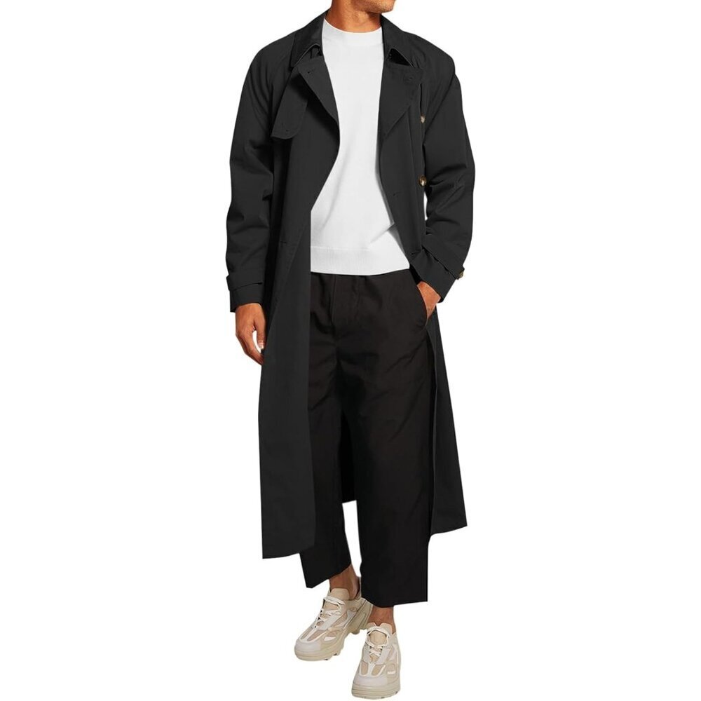 🆕Mens Black Double Breasted Belted Windbreaker Jackets Lapel Trench Coat